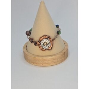 Antique Style Handmade Copper Silver Jewel Stones Rose Design‎ Bracelet 7.5"